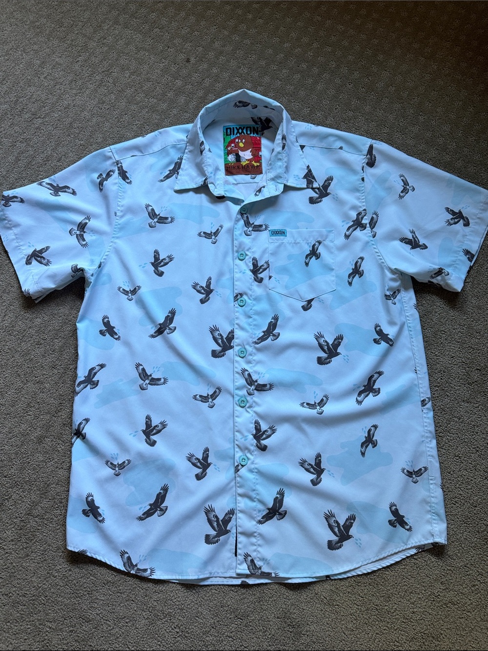 DIXXON Light Blue Short Sleeve Button-Up Shirt with Black Bird Motif